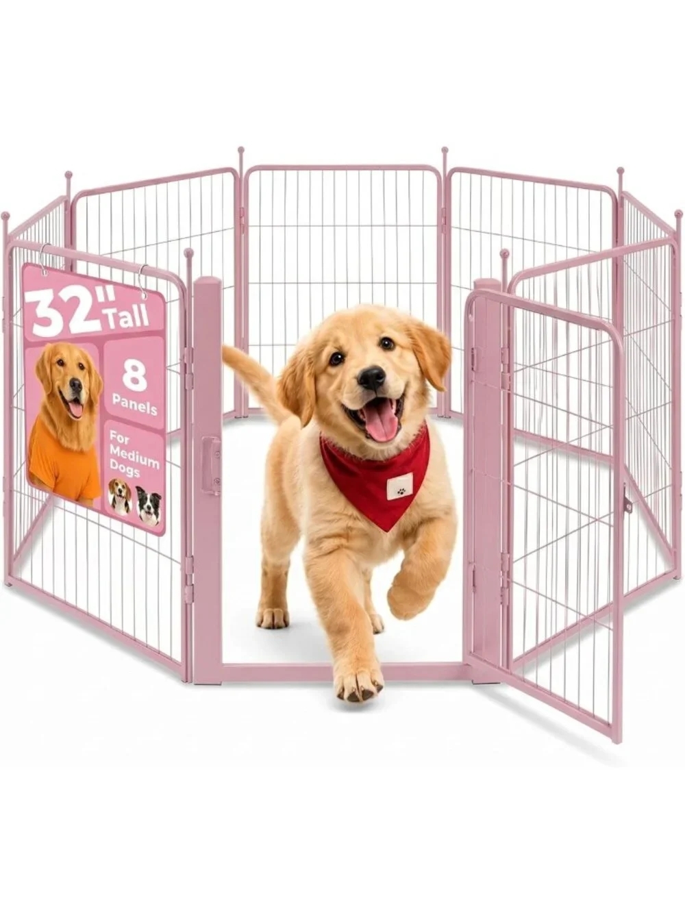 Heavy Duty Pink Dog Playpen - 32" Foldable Metal Puppy Fence for Indoor/Outdoor